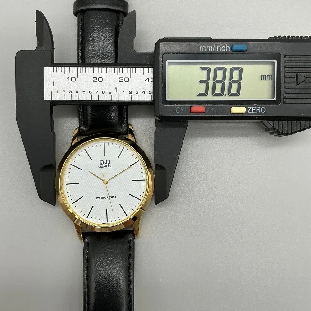 Q&Q Quartz Mens Watch 39mm Gold Tone Case Round Dial Black Band New Battery